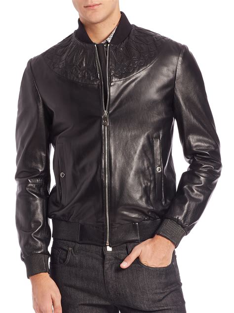 versace collection ダウン|Versace black leather jacket.